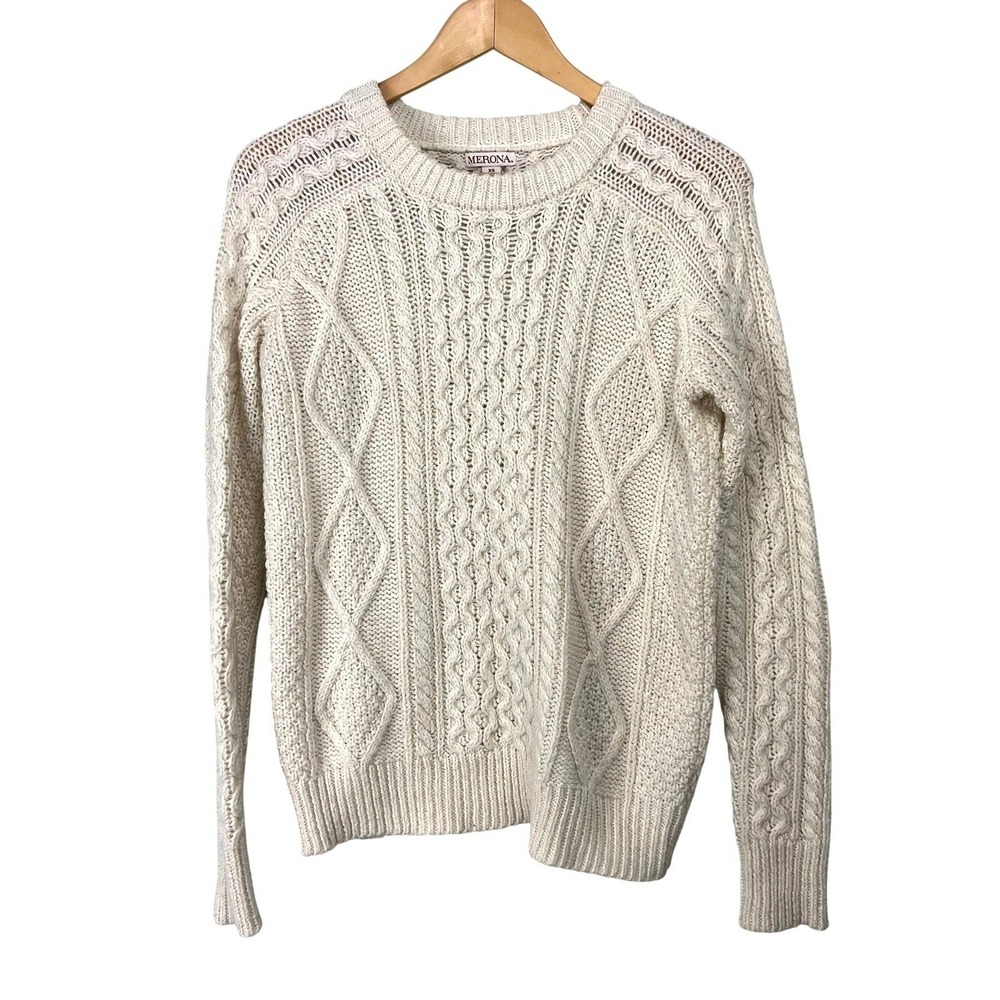 Merona Womens XS Ivory Cable Knit Sweater Shimmer Crew Neck Wool Blend Fosherman